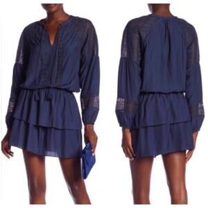 Ramy Brook Winnie Lace Dress •M• Navy Blue Tiered Skirt Tassels Long Sleeve EXC